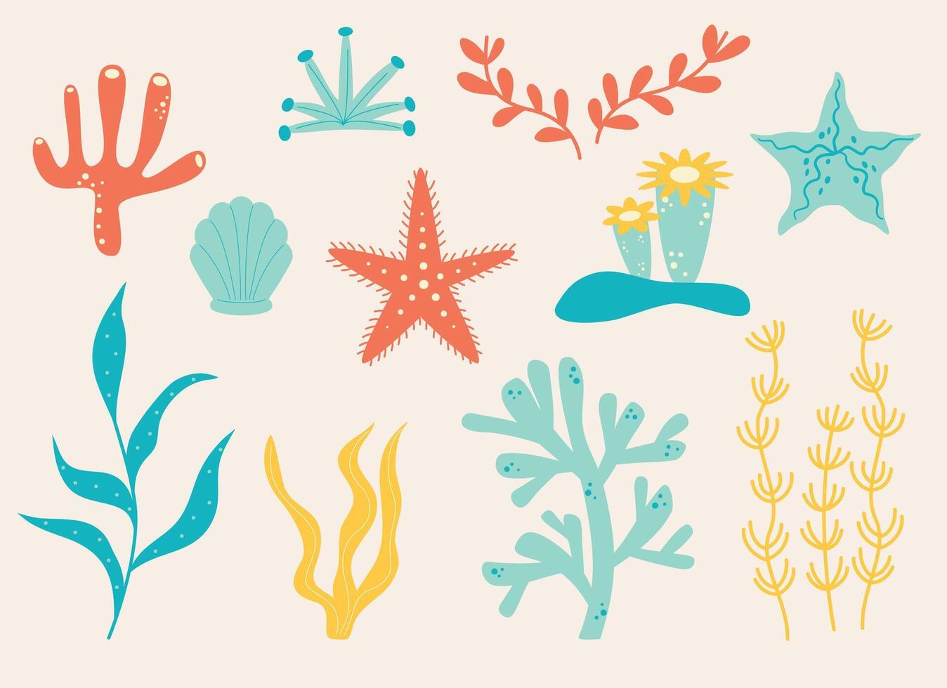 conjunto con algas, corales, marina plantas vector ilustración