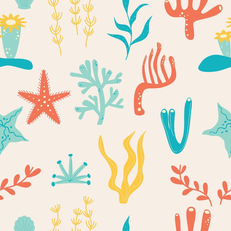cute seamless pattern with algae, corals, marine plants vector illustration