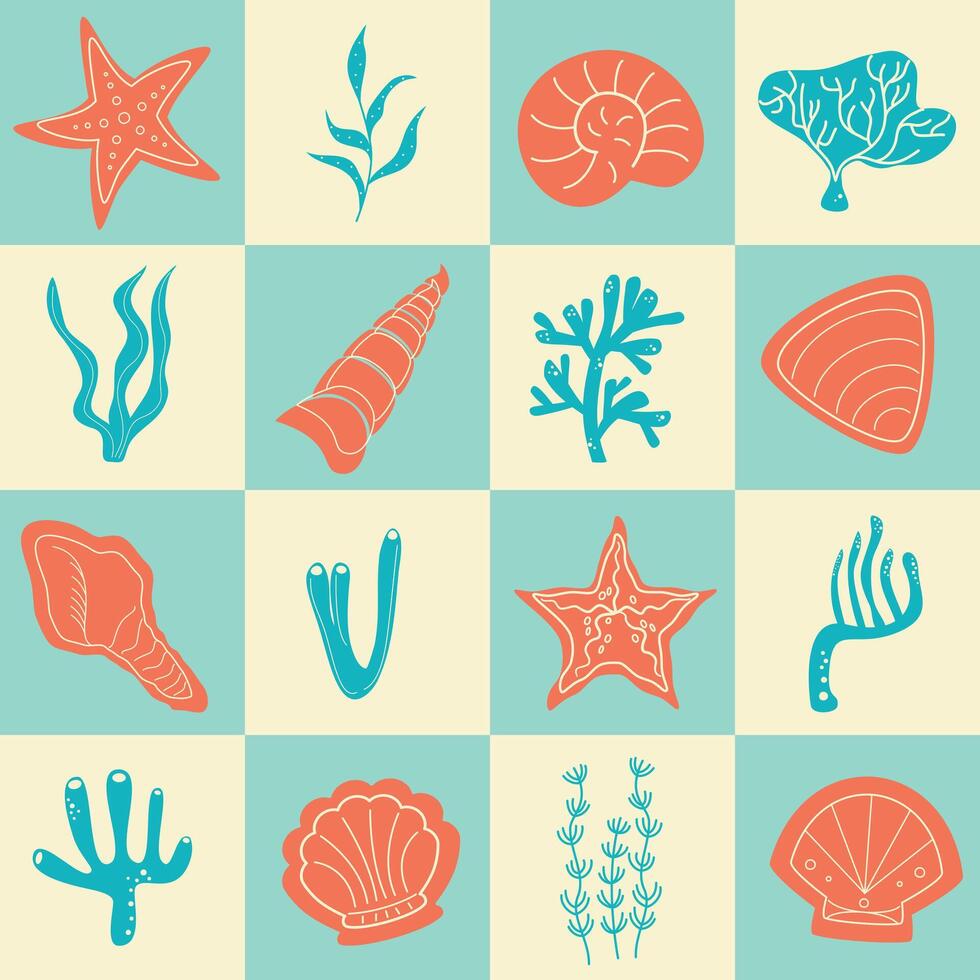 Seamless cute pattern with shells, algae, corals, starfish located in squares vector