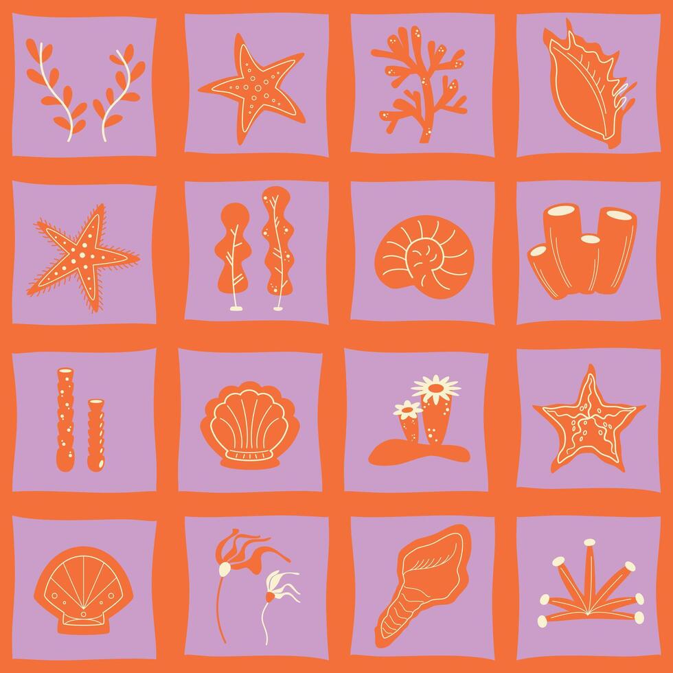 bright vivid seamless pattern with shells, algae, corals, starfish located in squares vector