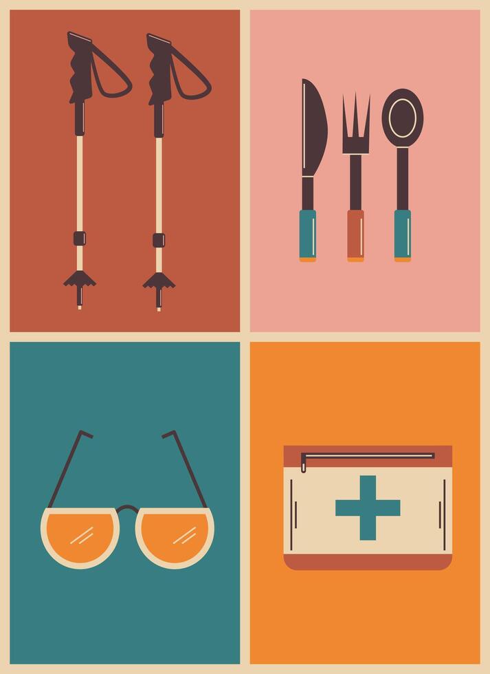 retro geometric bright poster with camping and hiking things. walking sticks, glasses, aid kit, eating utensils, vector illustration