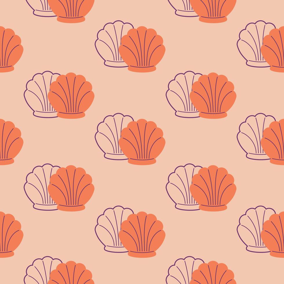 bright seamless pattern with shells and their outline vector illustration