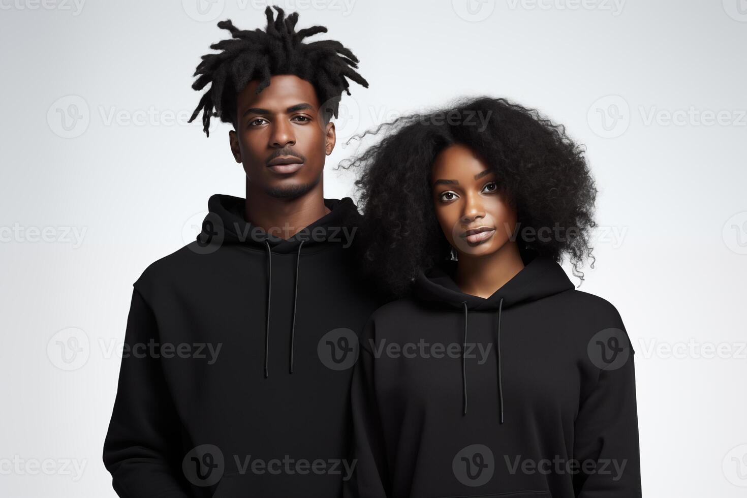 AI generated Black couple in blank black hoodie on gray background for clothing mockup photo