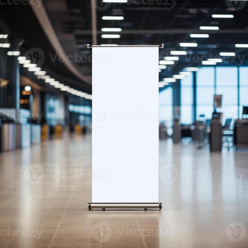 AI generated Empty roll up banner mockup on blurred airport background photo