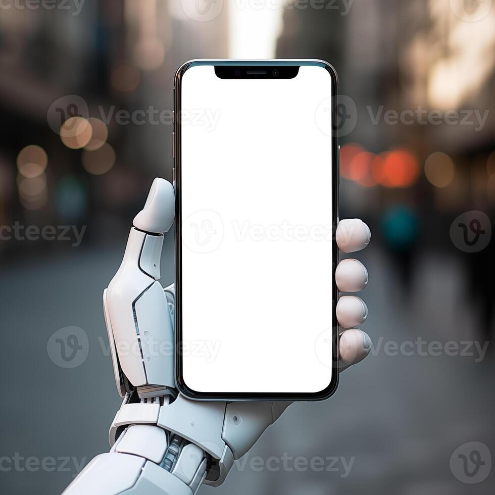 AI generated Close up of robot hand holding blank screen smartphone on city street background photo