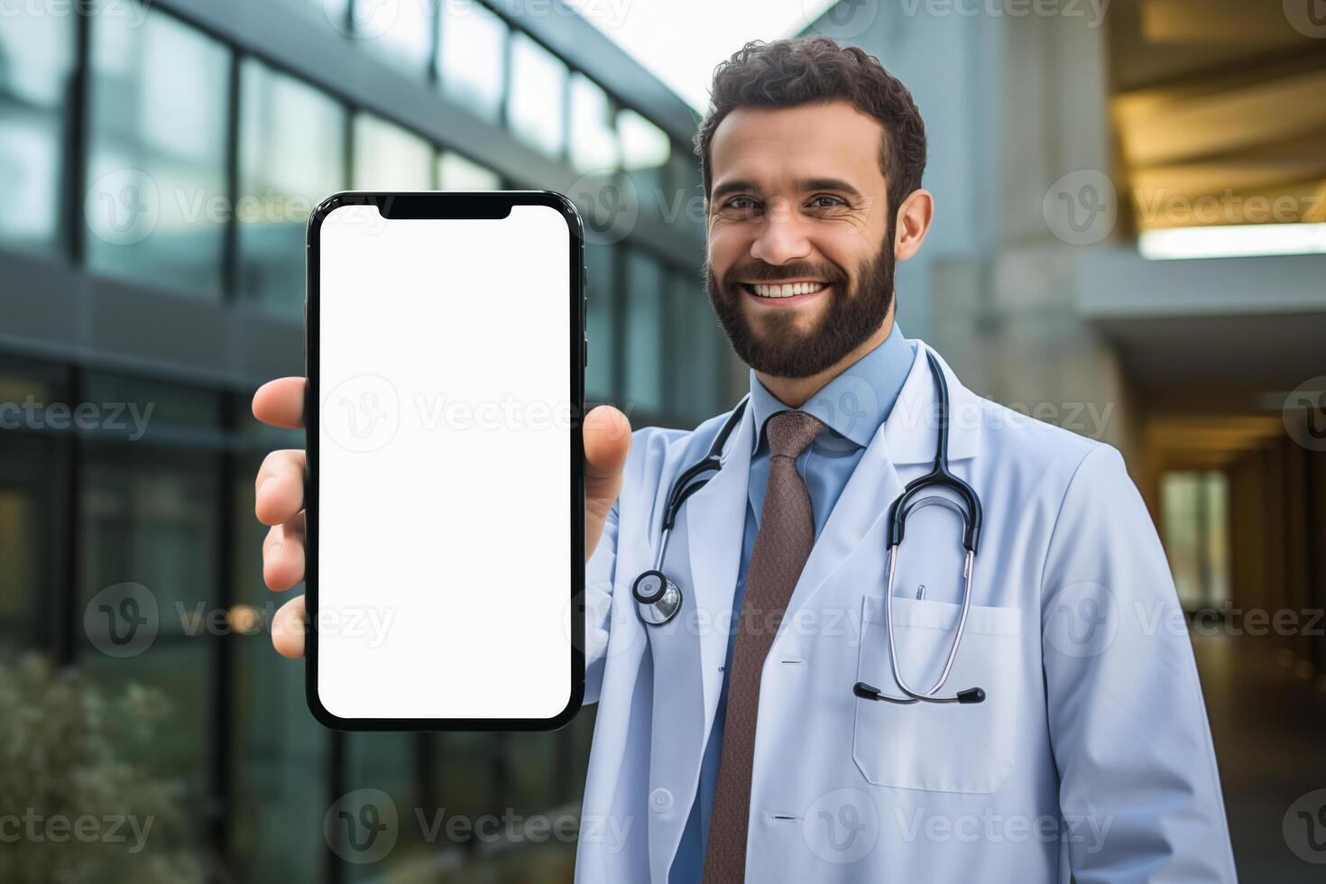 AI generated Doctor showing blank screen smartphone mockup at hospital photo