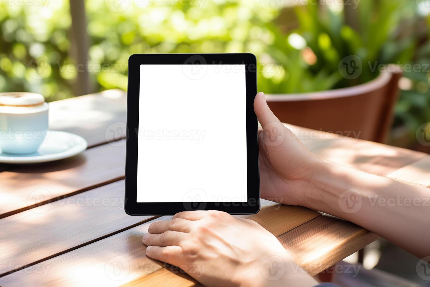 AI generated Hand holding blank screen tablet mockup on wooden table photo