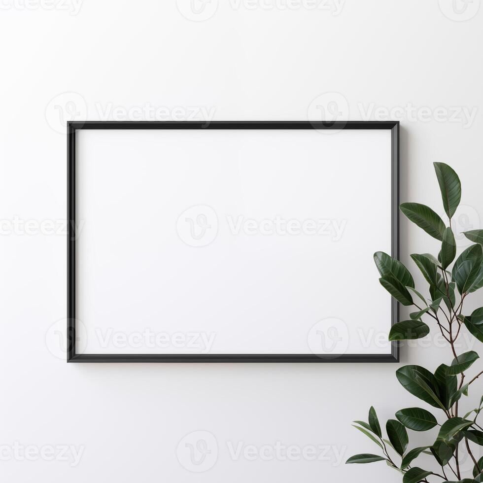 AI generated Empty black photo frame on white wall with plant. Minimalist concept