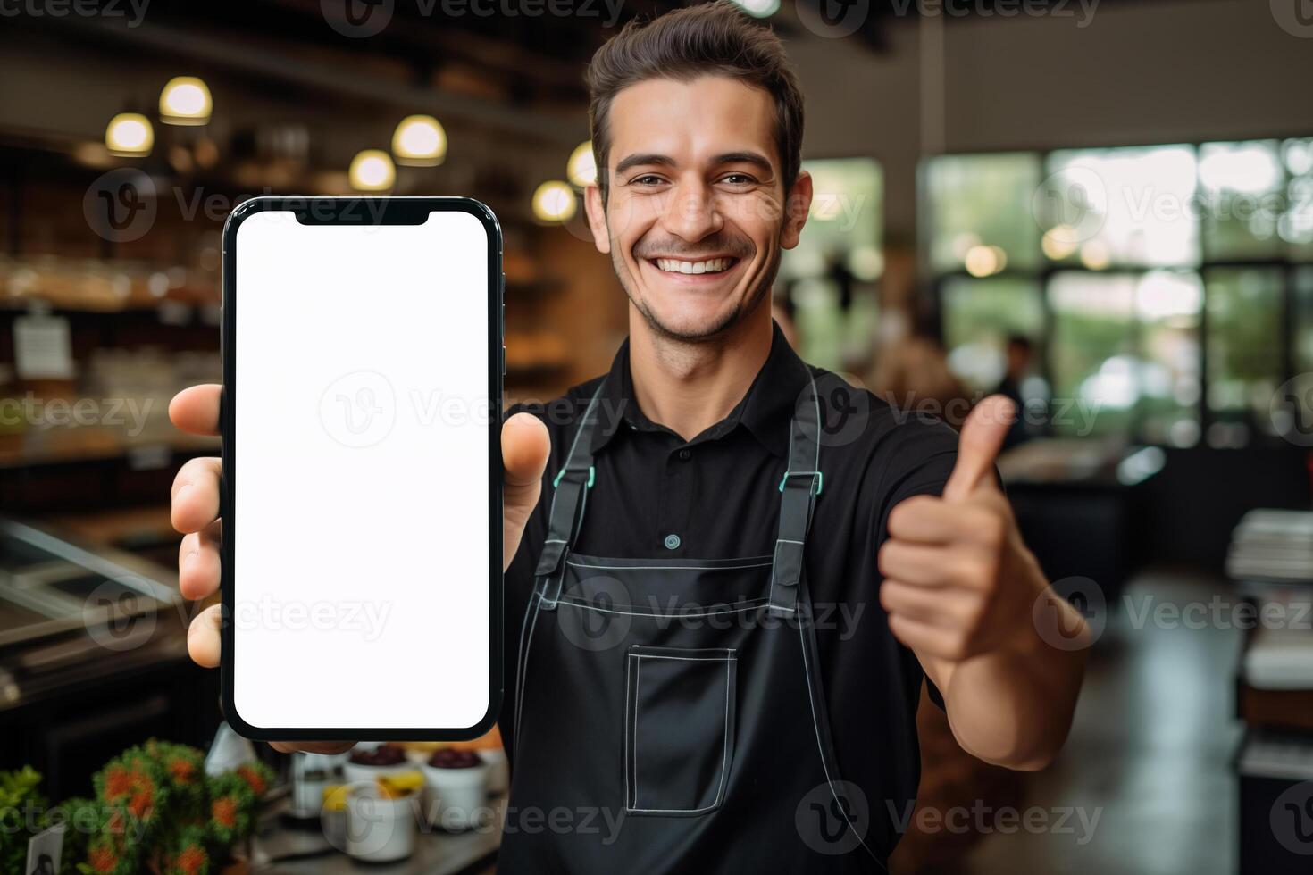 AI generated Coffee shop worker showing smartphone. Close up of blank screen smartphone mockup photo