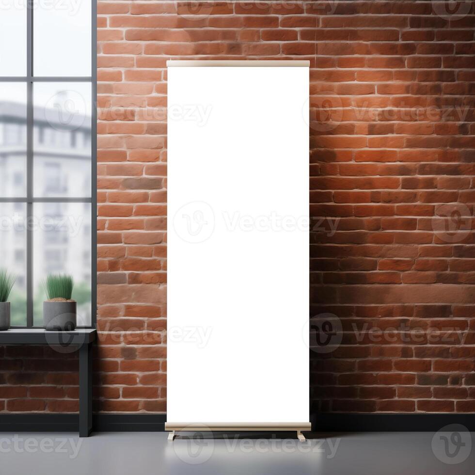 AI generated Empty roll up banner mockup on brick wall photo