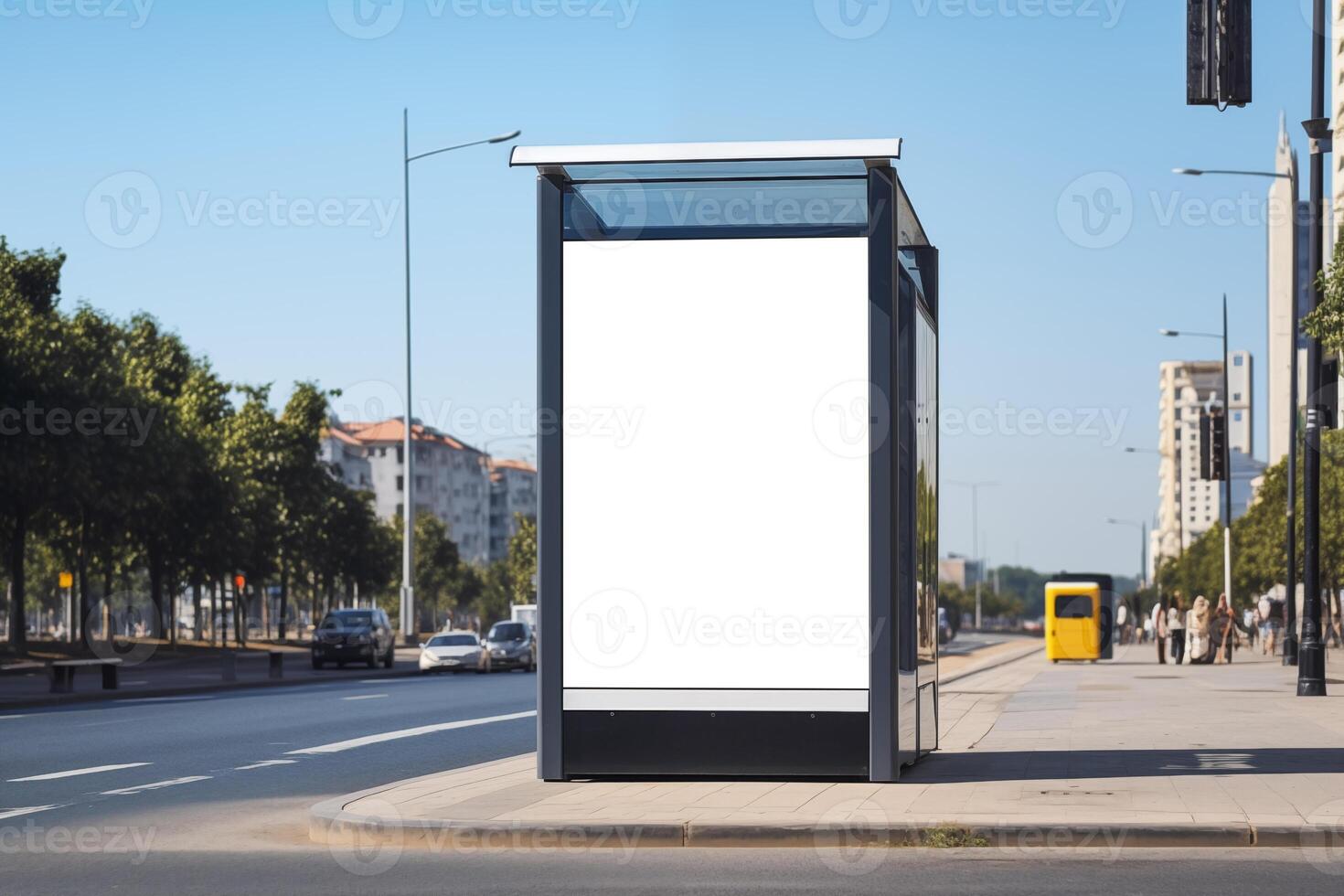 AI generated Blank advertisement billboard mockup at bus stop photo