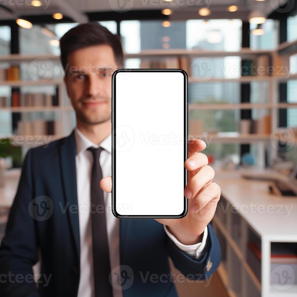 AI generated Close up of Businessman hand showing blank screen smartphone mockup in office photo