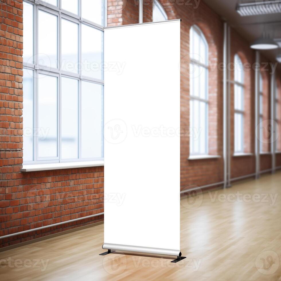 AI generated Empty roll up banner mockup with school hallway background photo