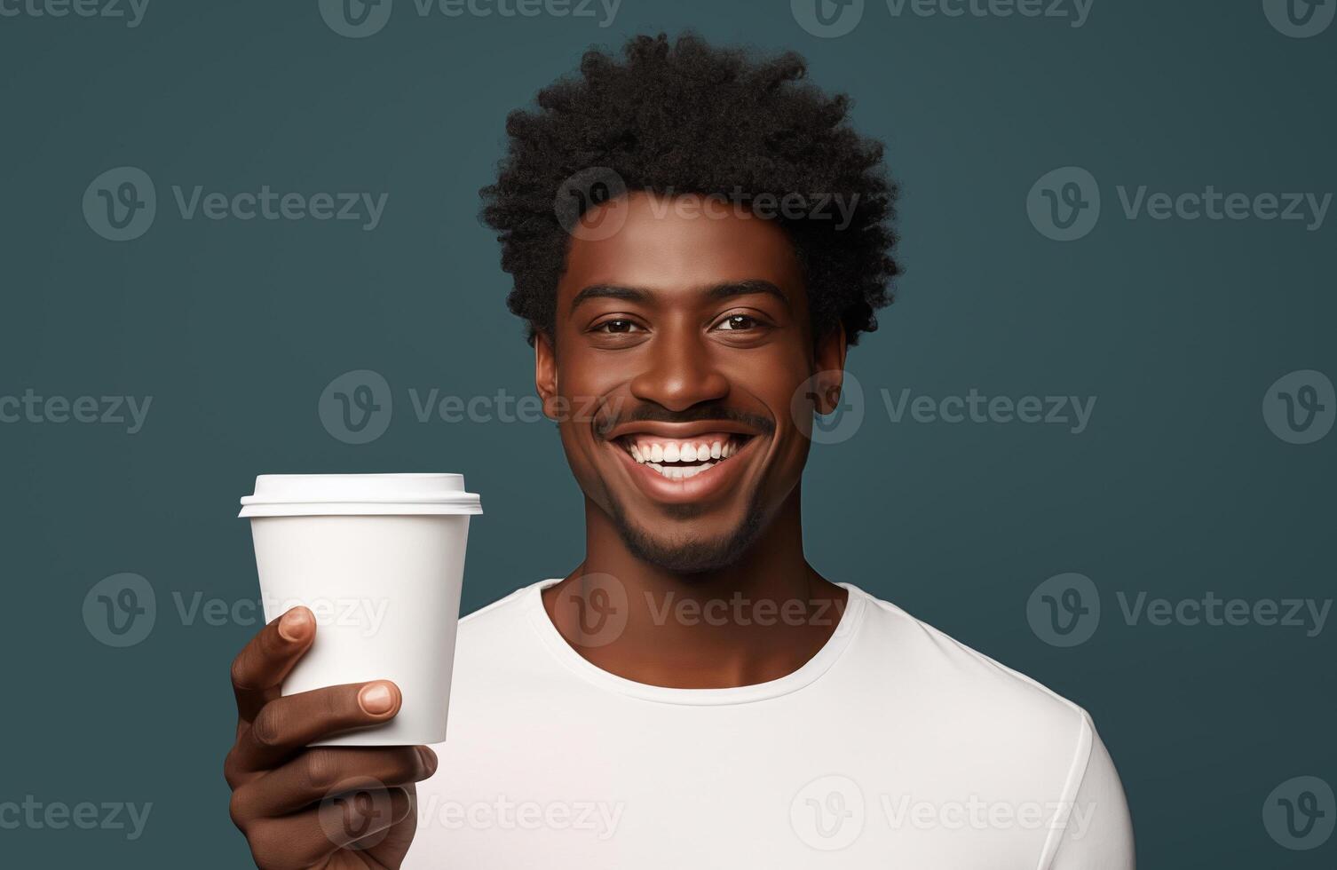 AI generated Black man holding blank white paper cup mockup photo