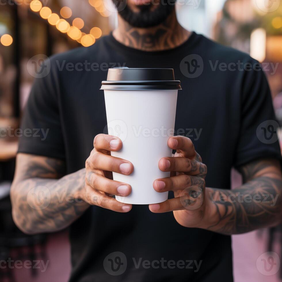 AI generated Close up of man hands holding blank white coffee cup mockup at outdoor food court background photo