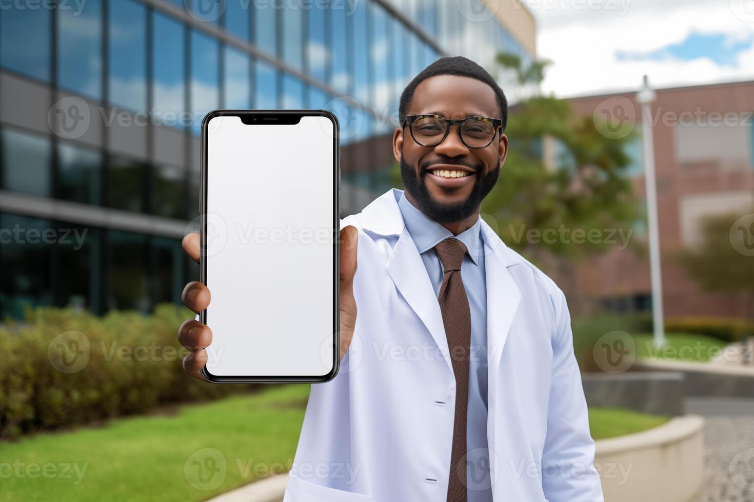 AI generated Black male doctor showing blank screen smartphone mockup at hospital photo
