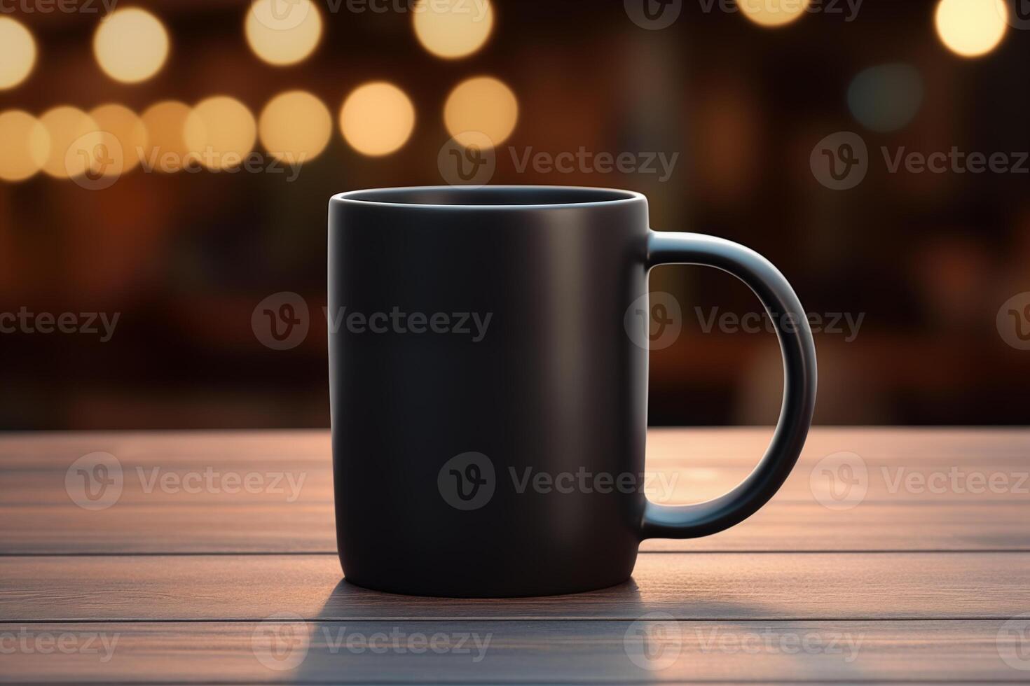 AI generated Black mug on wooden table at night with bokeh background photo