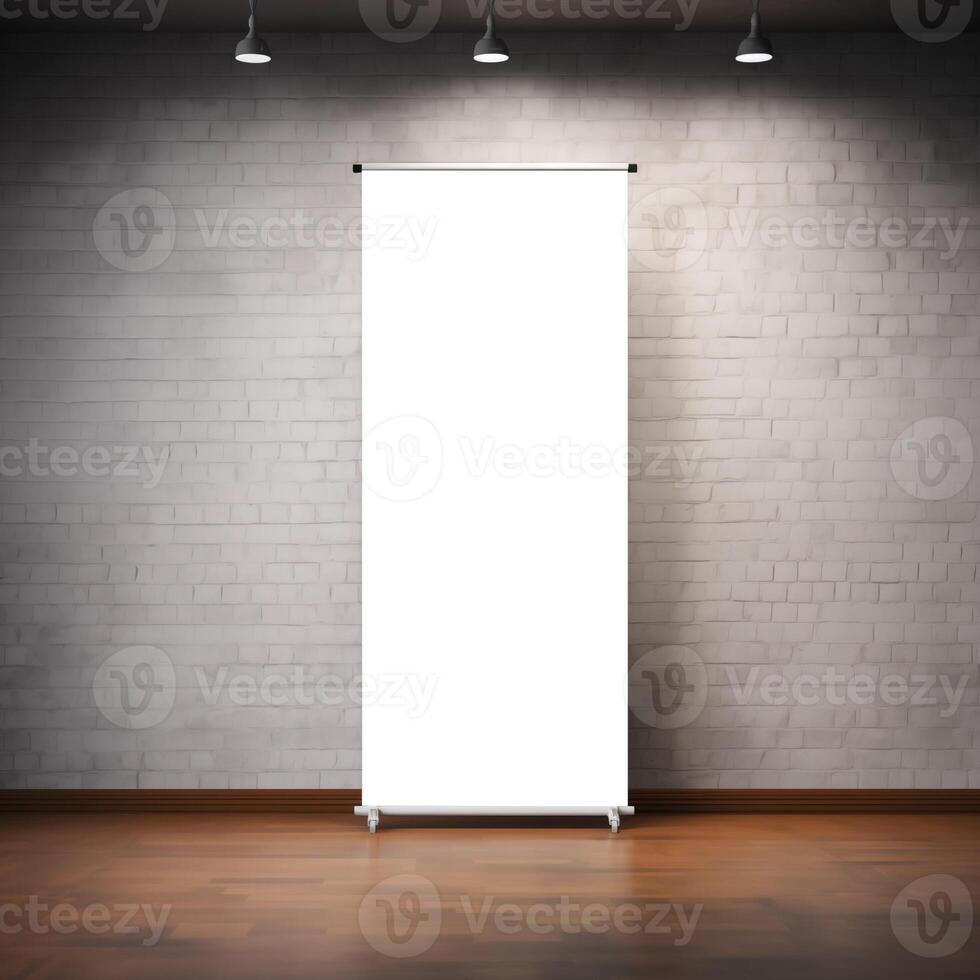 AI generated Empty roll up banner mockup on white brick wall with spotlights photo