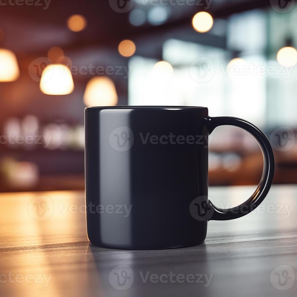 AI generated Blank black mug on wooden table with blurred and bokeh background photo