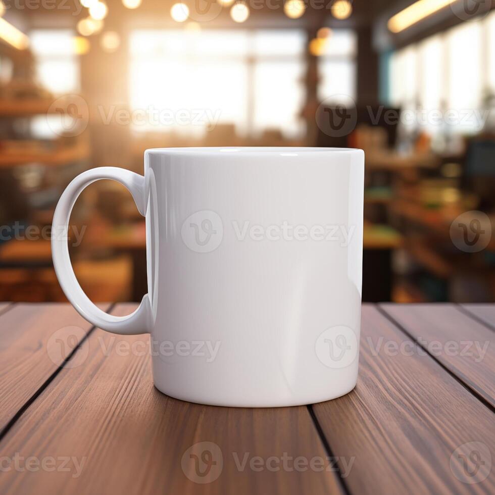 ai generado blanco blanco jarra en de madera mesa con difuminar antecedentes foto