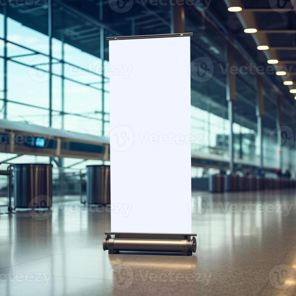 AI generated Blank roll up banner mockup at airport photo
