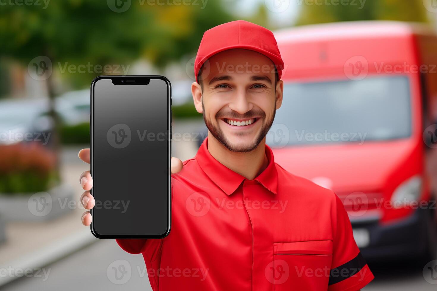 AI generated Delivery man showing blank screen smartphone mockup on street background photo