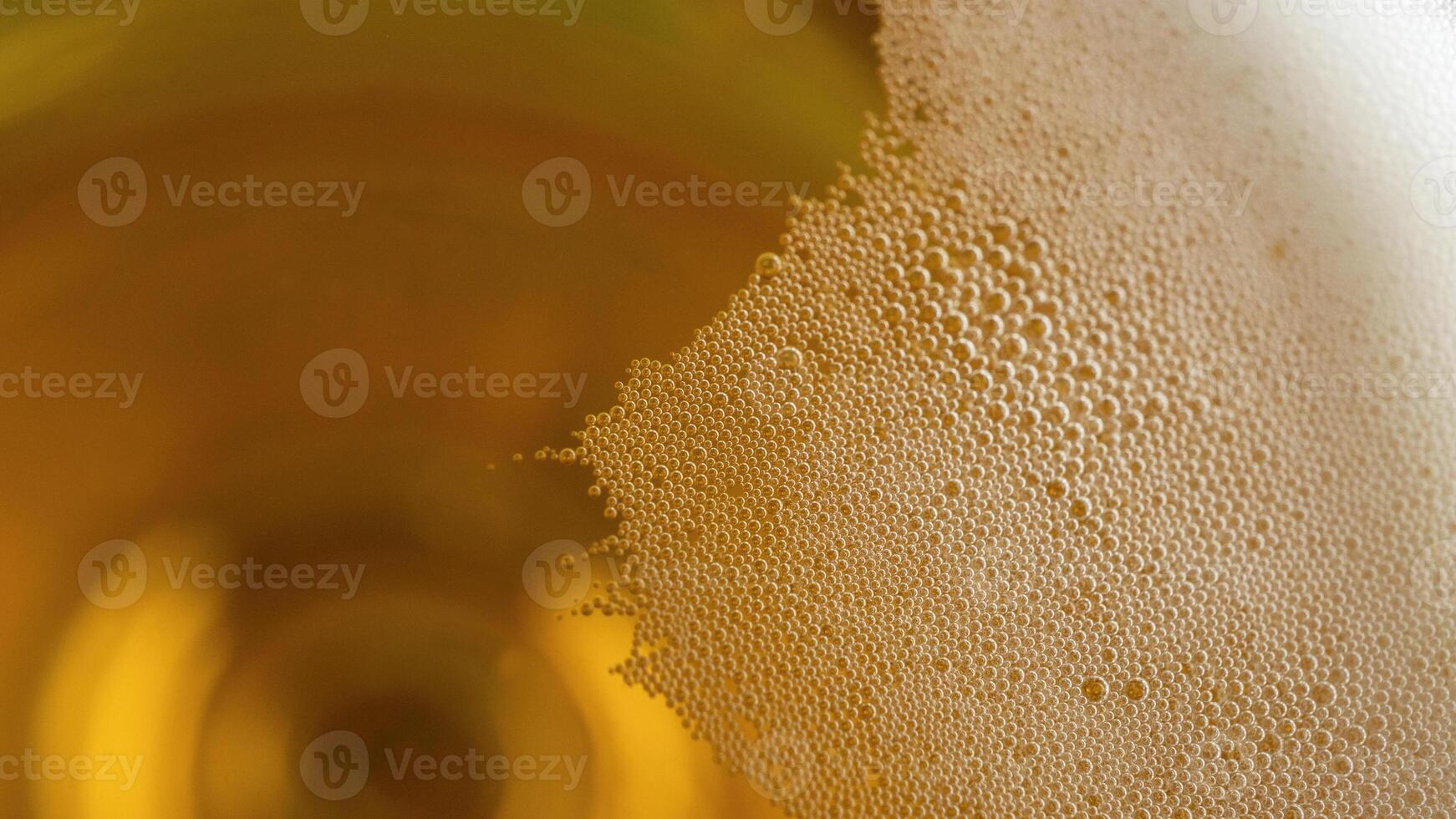 Macro top shot of beer bubbles in a glass. Detailer alcoholic drink  background concept. photo