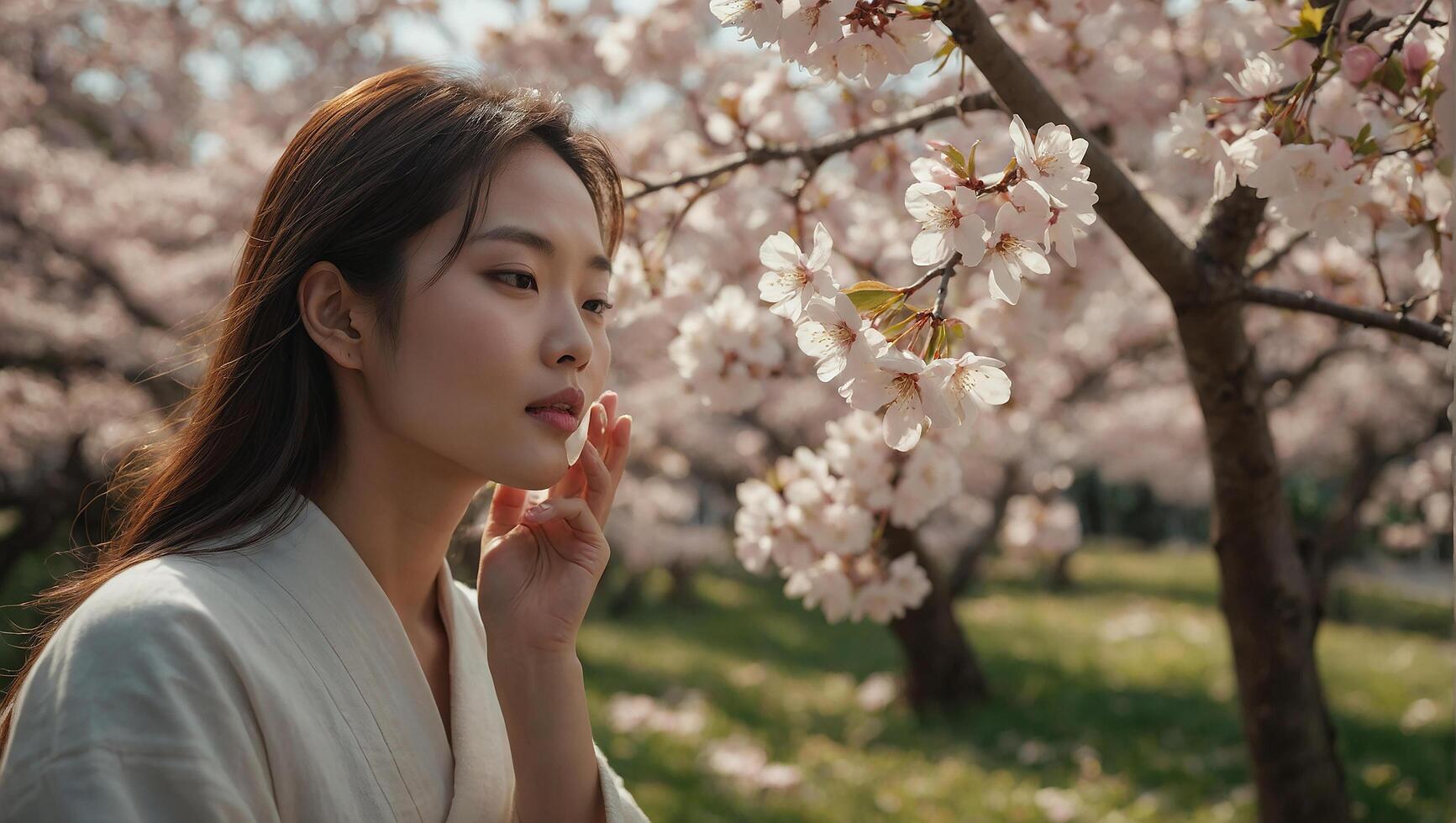 AI generated Outdoor beautiful fashion young Korean girl with blossom cherry flower Background photo