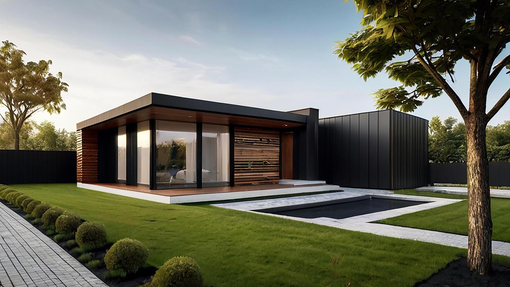 AI generated Modern luxury minimalist cubic house, villa with wooden cladding and black panel walls and landscaping design front yard. photo