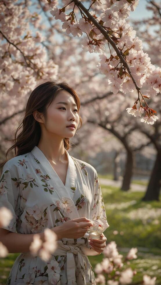 ai generado al aire libre hermosa Moda joven coreano niña con florecer Cereza flor antecedentes foto