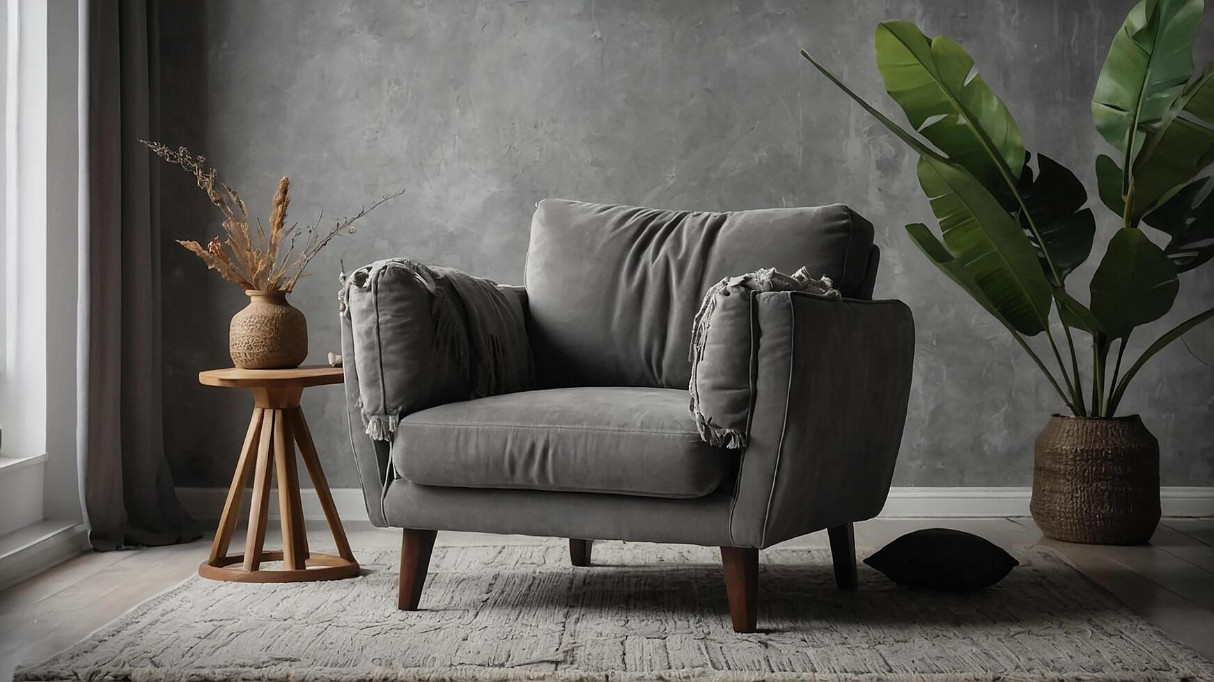 AI generated Grey snuggle chair against stucco wall. Boho home interior design of modern living room. photo