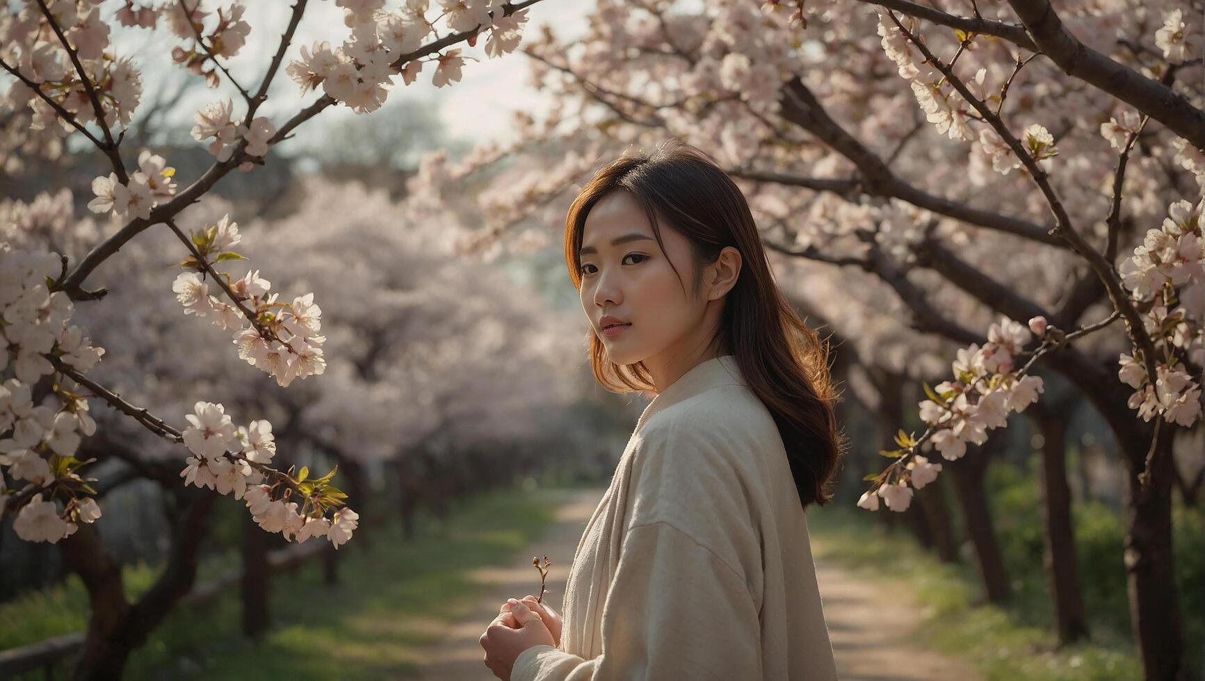 AI generated Outdoor beautiful fashion young Korean girl with blossom cherry flower Background photo