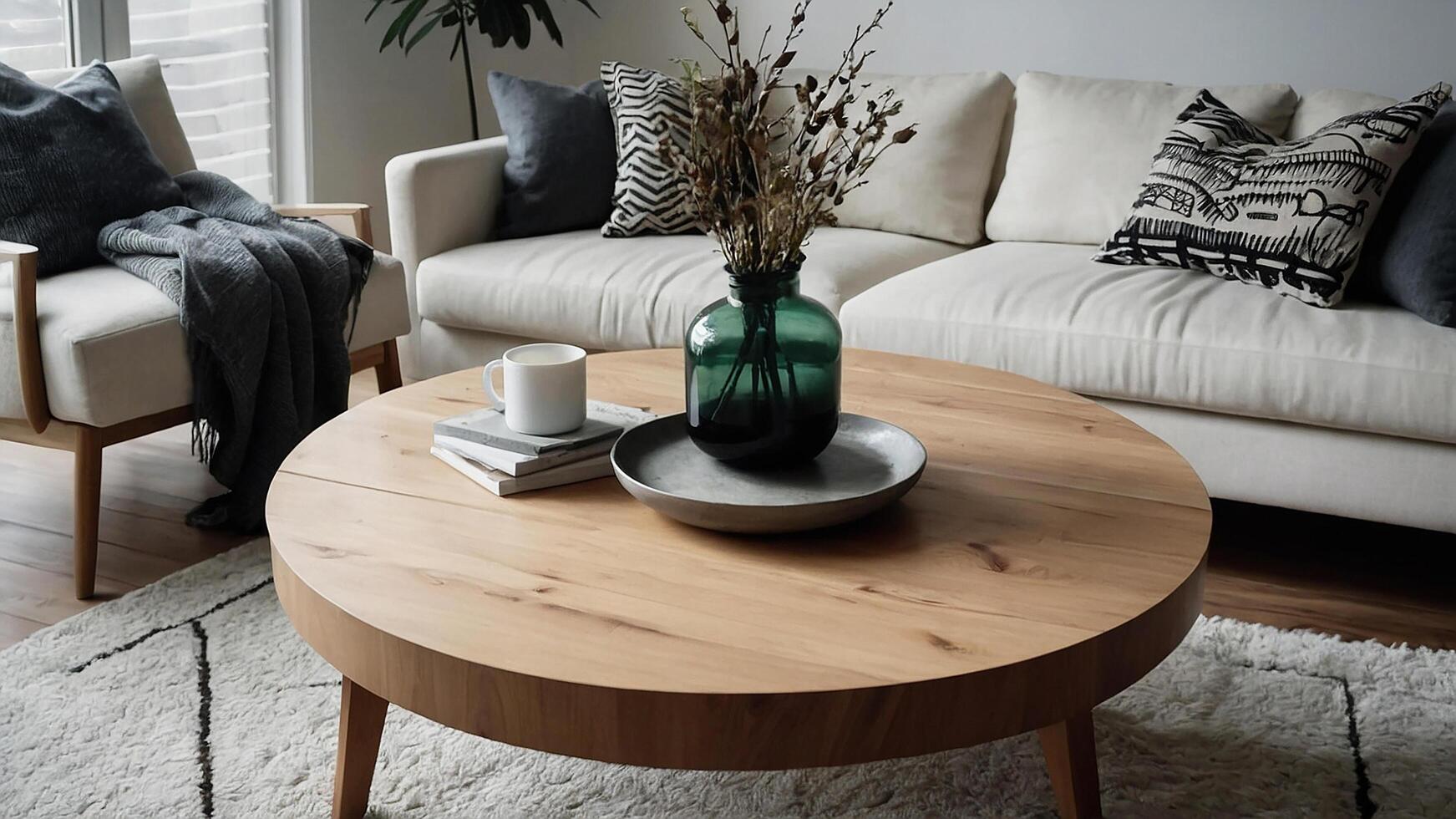 AI generated Round wood coffee table against white sofa. Scandinavian home interior design of modern living room. photo