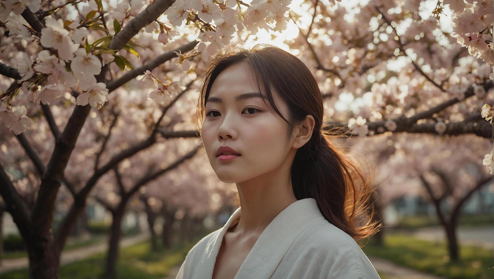 AI generated Outdoor beautiful fashion young Korean girl with blossom cherry flower Background photo