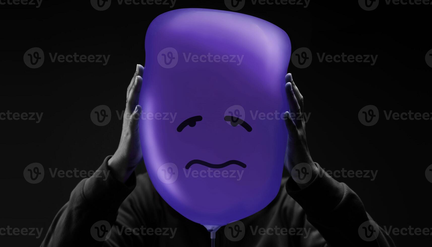 Mental Health Concept. a Stressed, Anxiety, Depressed Person with a Balloon, Negative Emotion and Feeling. Moody. Dark tone photo