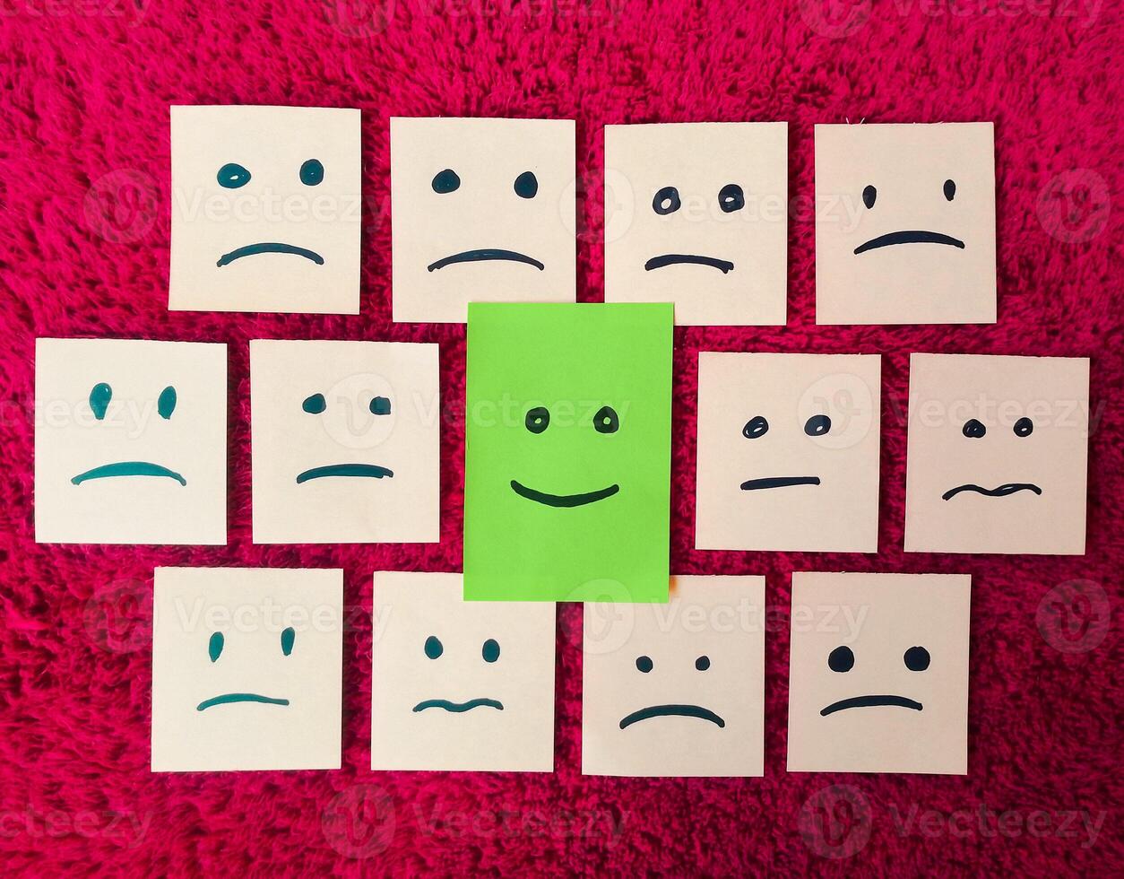 sticky notes with All sad and one Happy face - Unhappy and Happy Team Concept photo