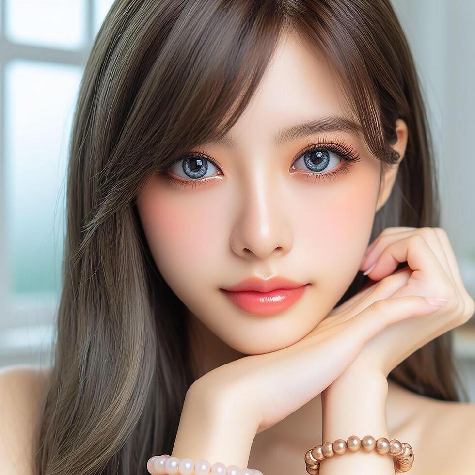 AI generated Beautiful woman wearing contact lenses on her eyes photo