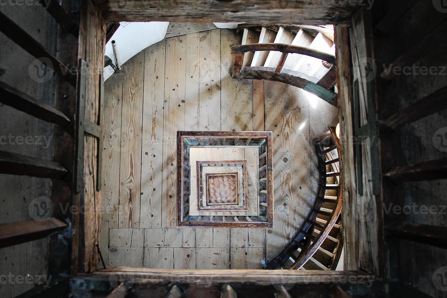 wooden old stairs from above photo