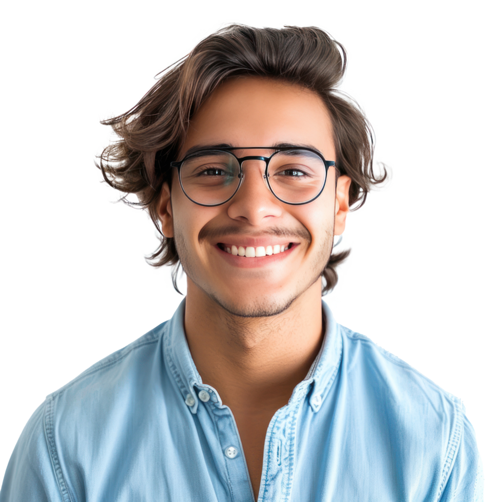AI generated a young man wearing glasses in blue shirt smiling png