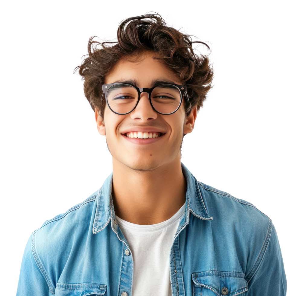 ai generado un joven hombre vistiendo lentes en azul camisa sonriente png