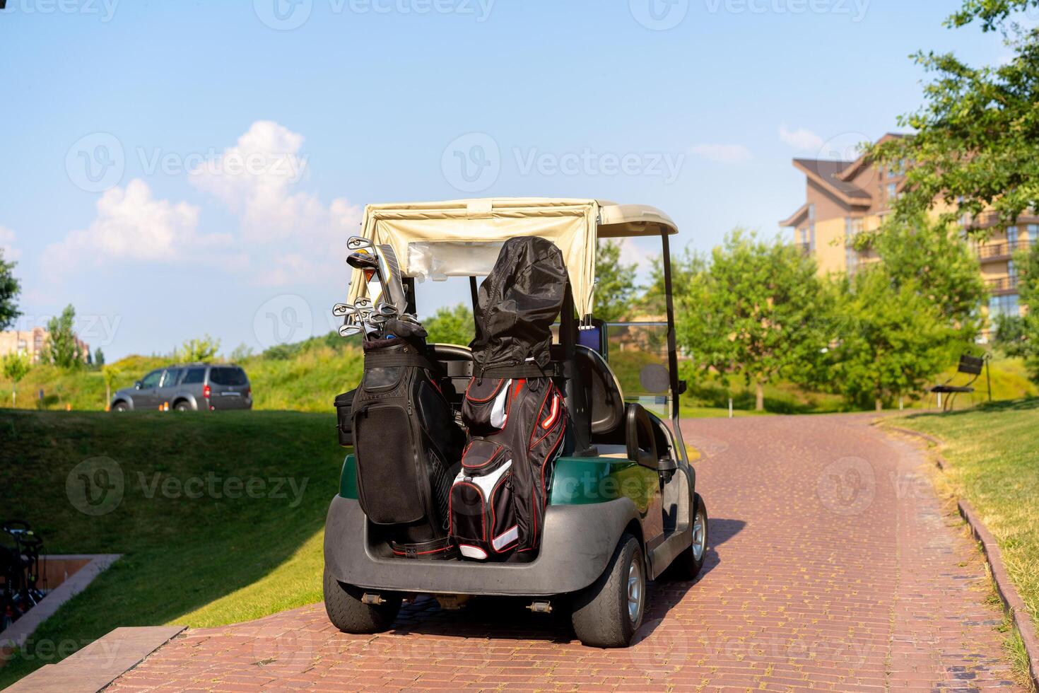 Golf car standing parking golf club Warm summer day photo