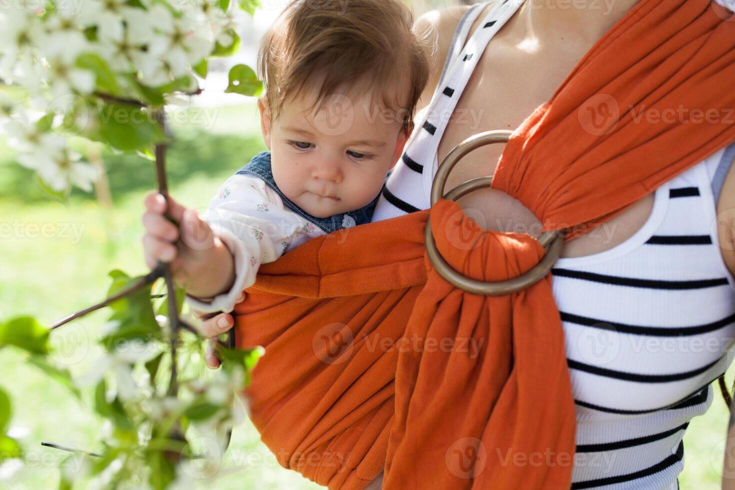 Unrecognizable young mother with her infant baby in sling photo