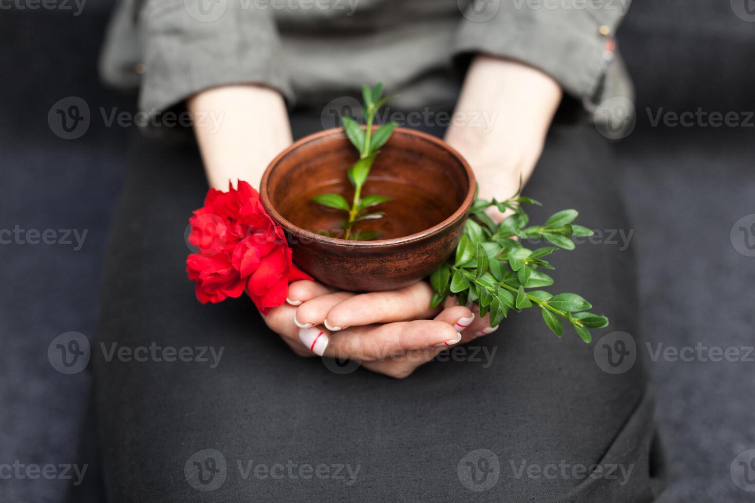Herbal tea in a ceramic plate in female hands. The concept of nontraditional treatment of colds. Flu. Healthy Eating and Vitamins photo