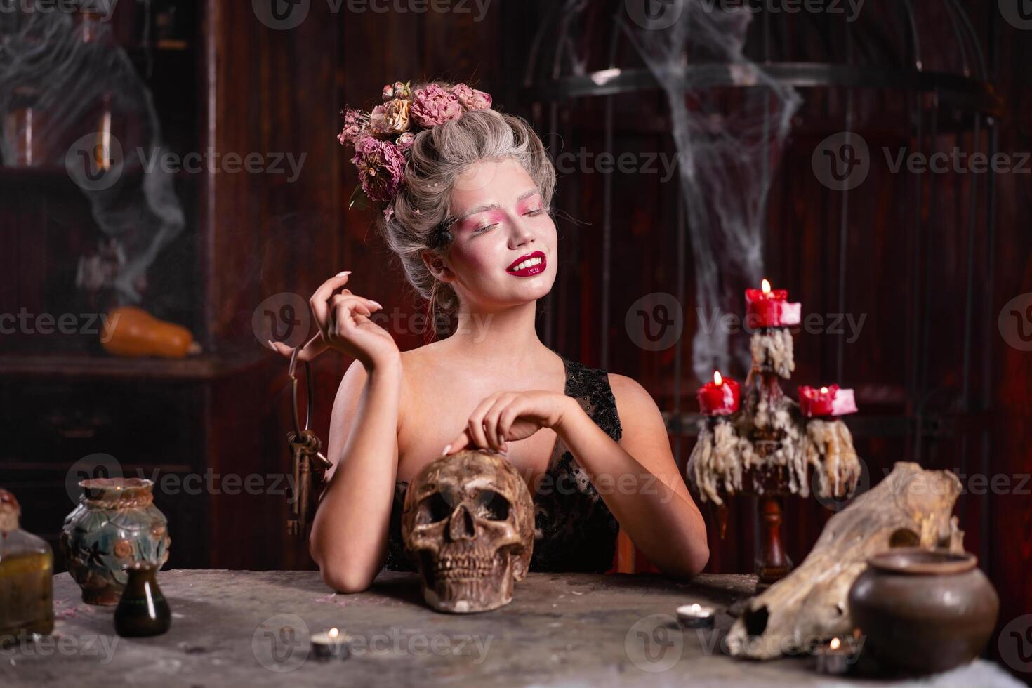 Portrait fortune teller woman reading future on magical cards. Magic and divination. photo
