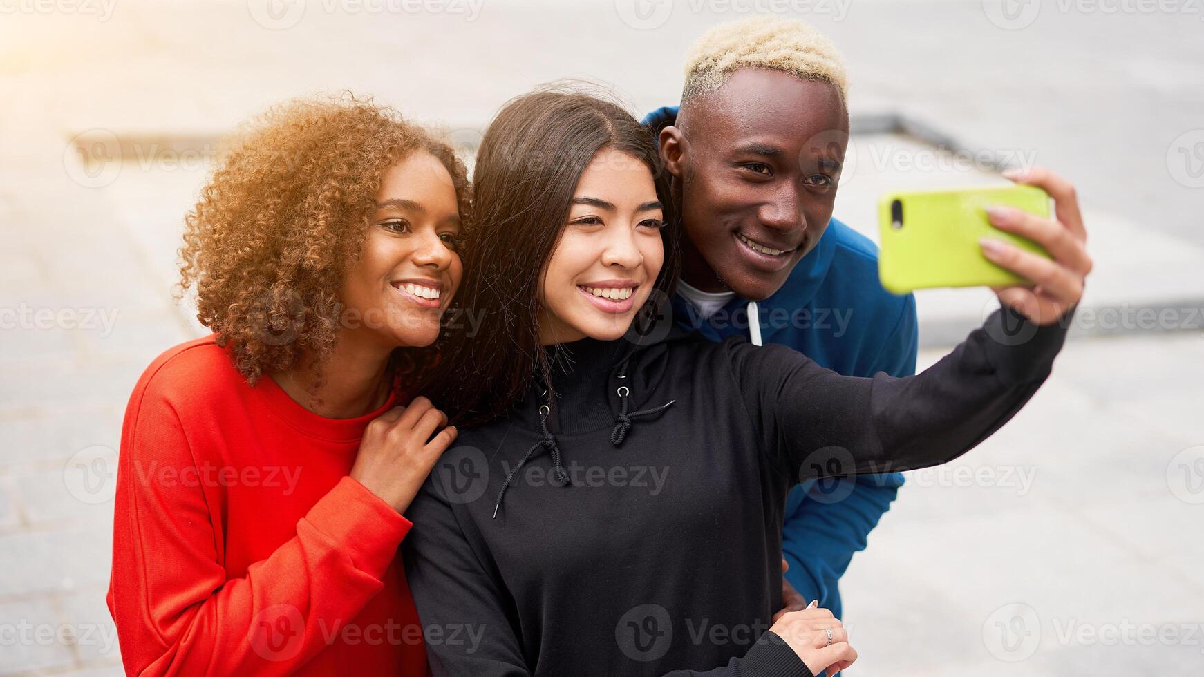 Multi ethnic friends outdoor. Diverse group people Afro american asian spending time together photo