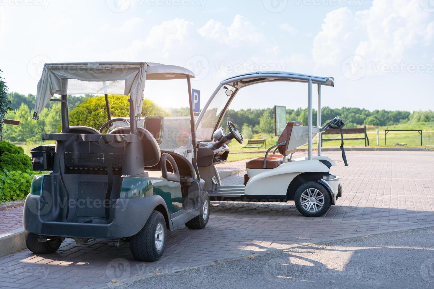 Golf car standing parking golf club Warm summer day photo