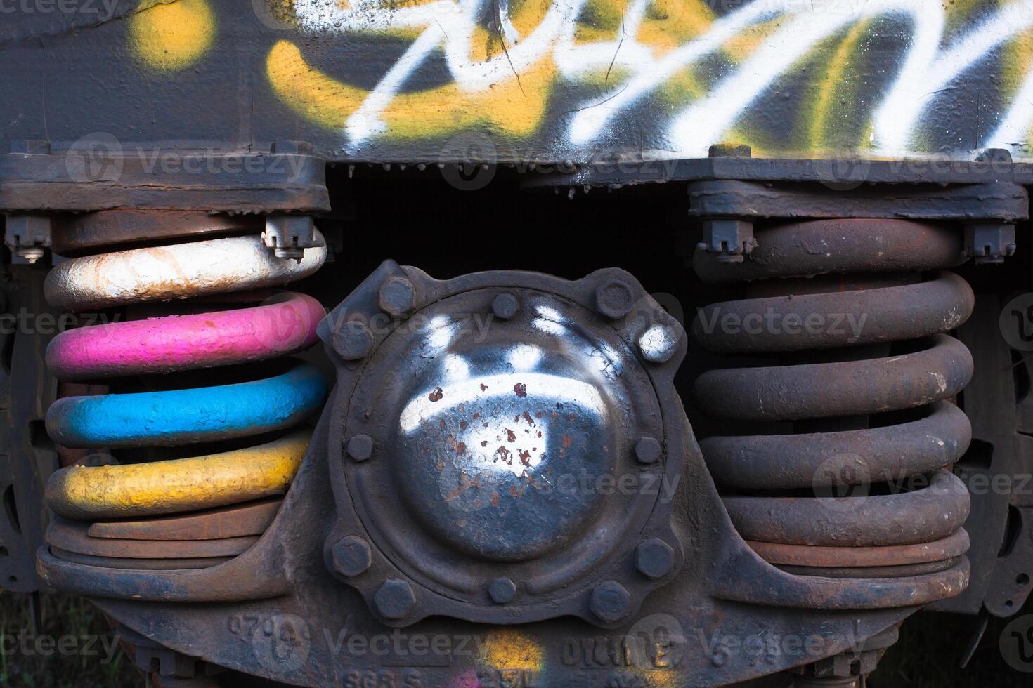 Close-up of rusted springs on freight train boxcar, Sterling, Colorado photo