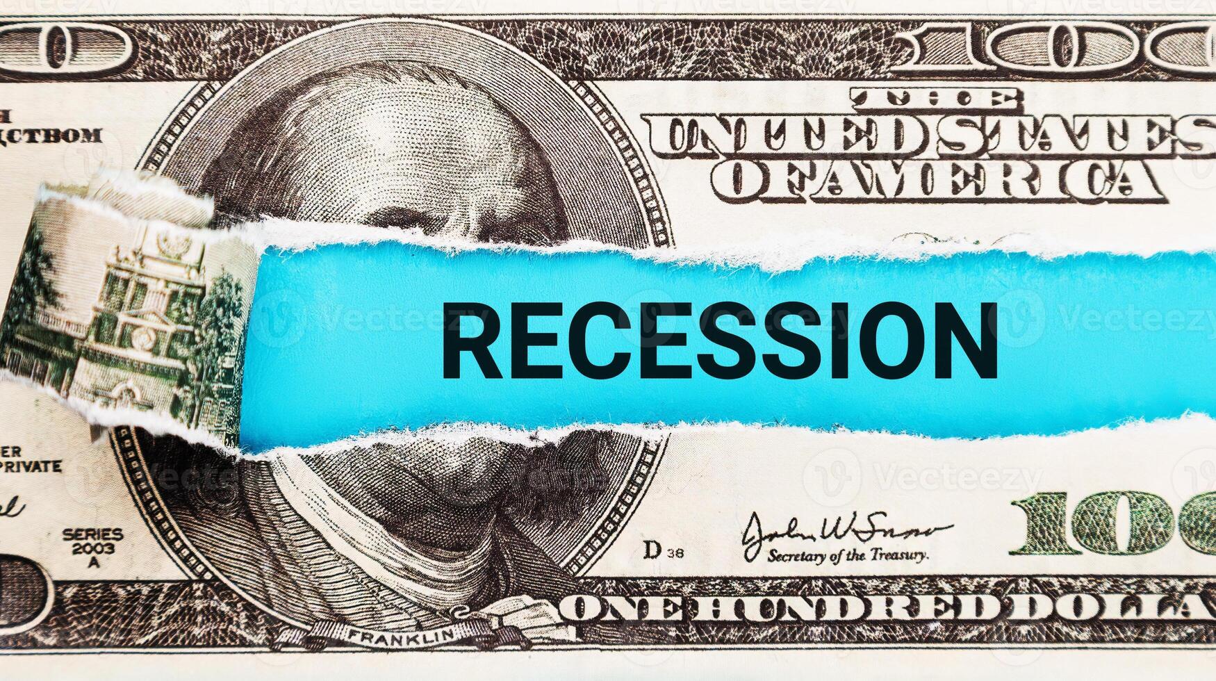 Recession. The word Recession in the background of the US dollar. Financial Downturn, Unemployment, and Economic Recession Concept photo