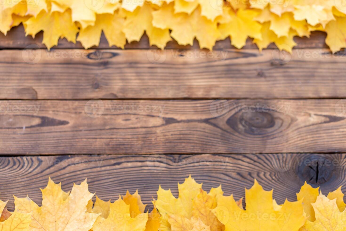 Autumn leaves frame on wooden background top view Fall Border yellow and Orange Leaves vintage wood table Copy space for text. photo