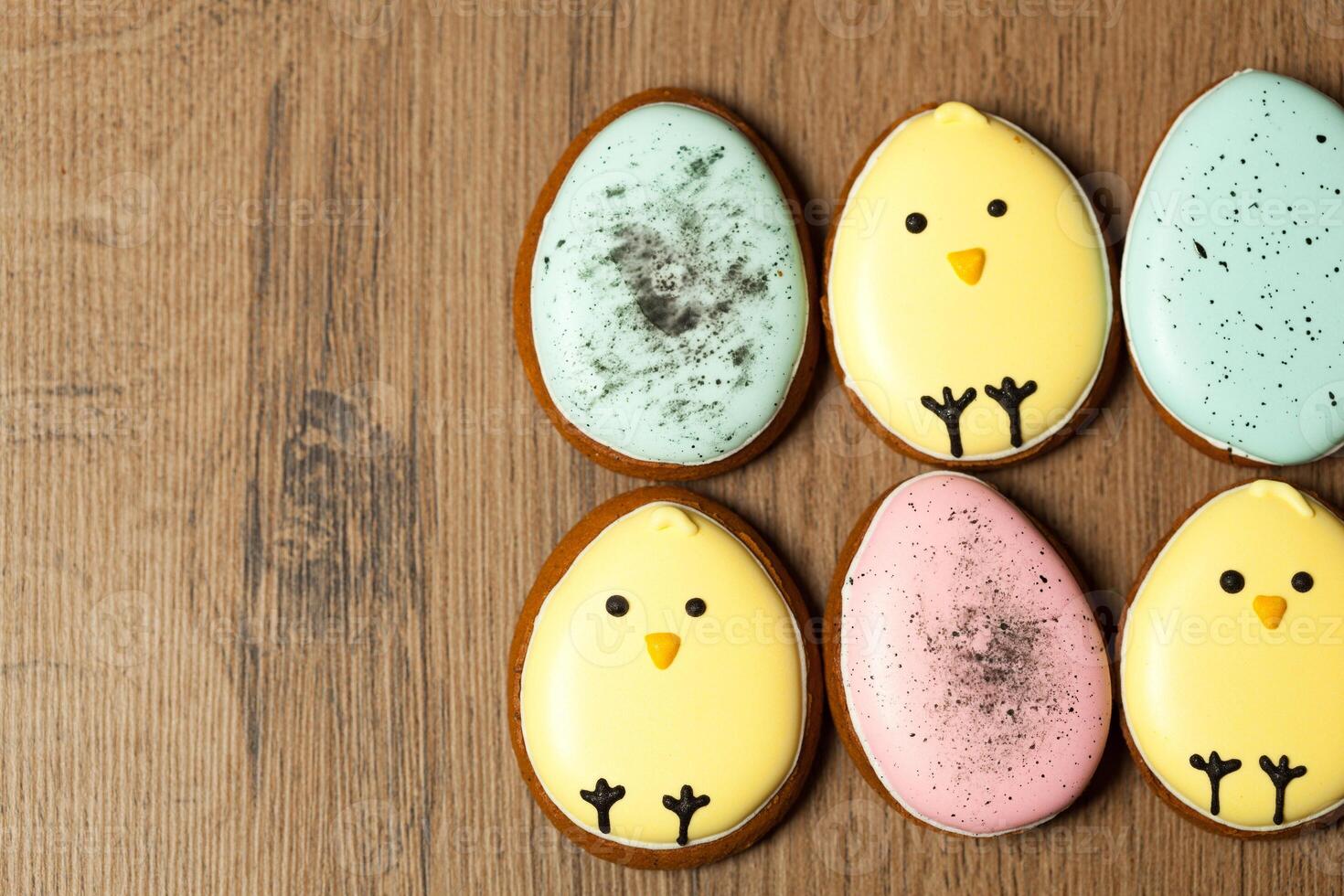 Easter homemade gingerbread cookie over tablecloth photo